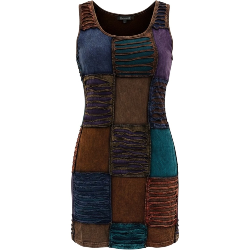 Sacred Threads Patchwork Sleeveless Dress Womens Med Brown Boho Cutout Fairycore